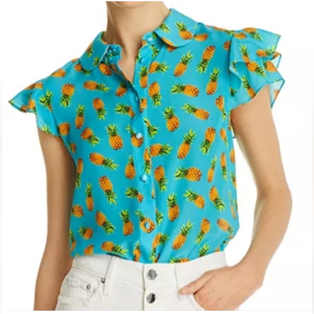 NWT ALICE + OLIVIA Pineapple Marine Blue Blouse Tropical Chic 100% Silk Size M